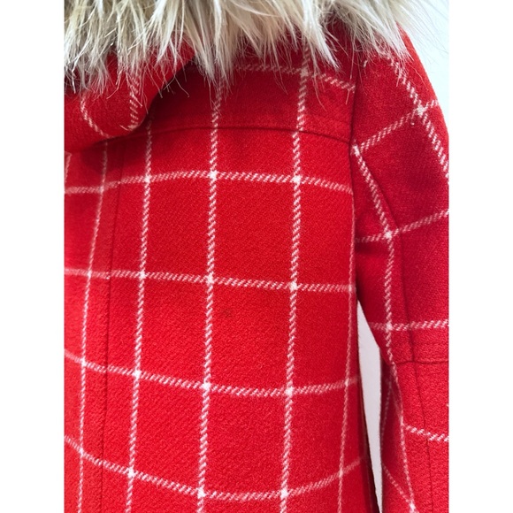 J. Crew Chateau Parka Red White Windowpane Plaid Removable Faux Fur Collar Coat - Picture 8 of 16